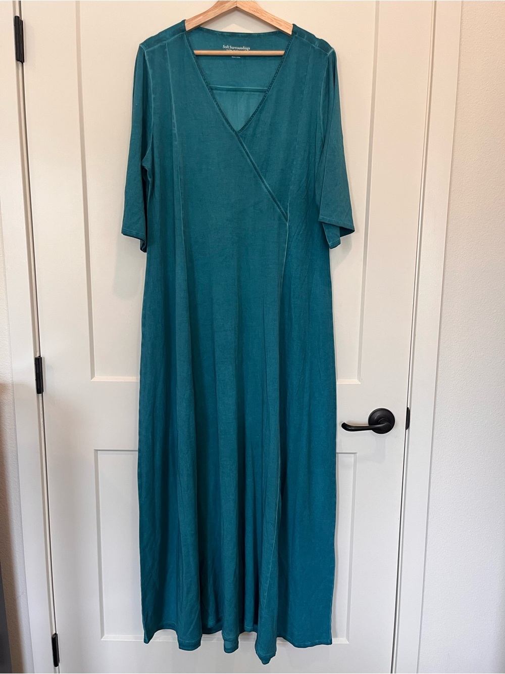 Soft Surroundings Gatsby Jersey Knit Teal Blue Maxi Dress Boho flowy sz XL Tall
